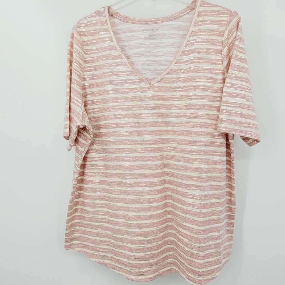 Lane Bryant Pink and Cream Striped V-Neck Short Sleeve Tee